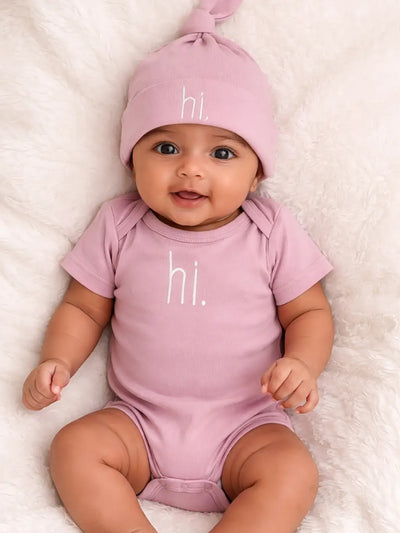 Hi. Embroidered Rosy Pink Cotton Knit Onesie & Top Knot Hat