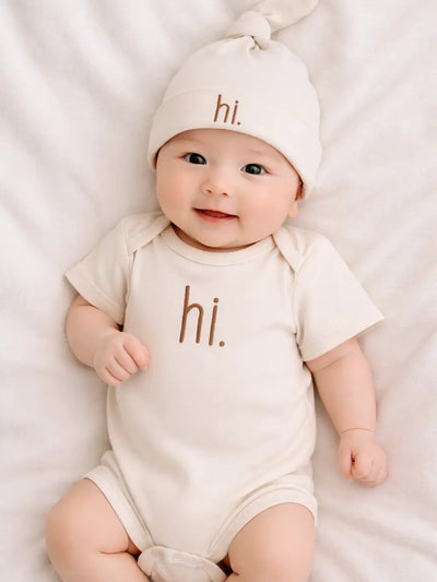 Hi. Embroidered Pecan Cotton Knit Onesie & Top Knot Hat