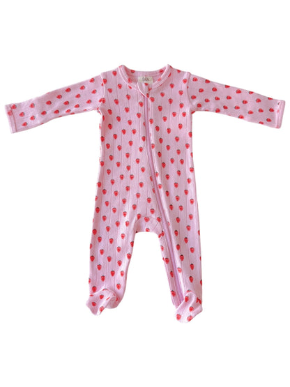 Pink Strawberry Organic Pointelle 2-Way Zip Footie - Twinkle Twinkle Little One