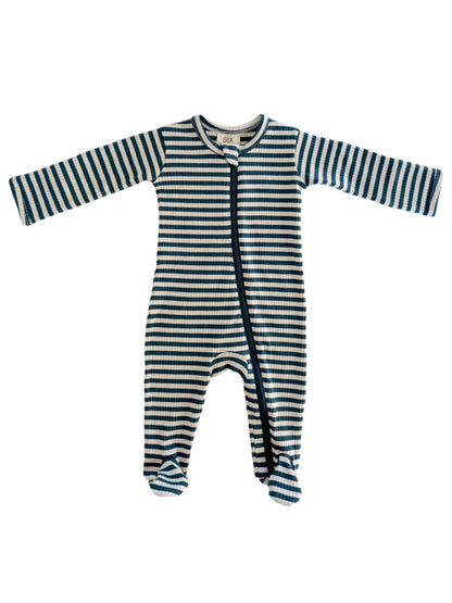 Steel Blue Stripe  Organic Ribbed Zip Footie - Twinkle Twinkle Little One