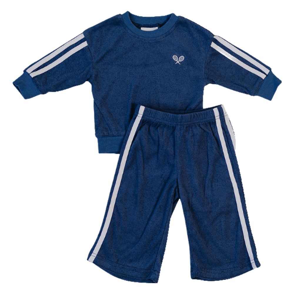 Blue children's tracksuit with white stripes on a white background