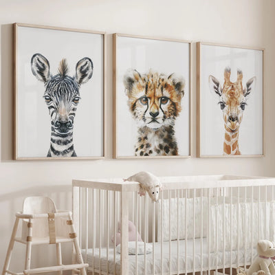 Thin Framed Safari Nursery Art Prints: Zebra, Leopard, Giraffe - Set of 3