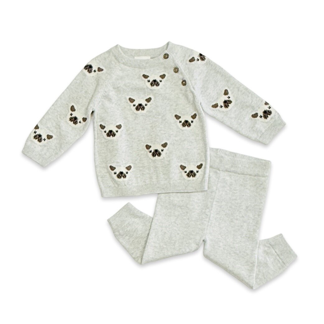 Frenchie Puppy Jacquard Knit Baby Raglan Pullover Sweater & Pant Set - Twinkle Twinkle Little One