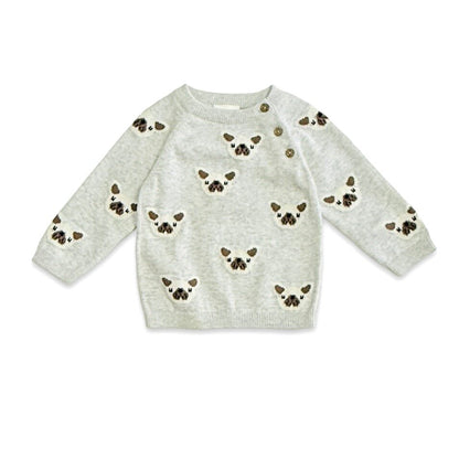 Frenchie Puppy Jacquard Knit Baby Raglan Pullover Sweater & Pant Set - Twinkle Twinkle Little One