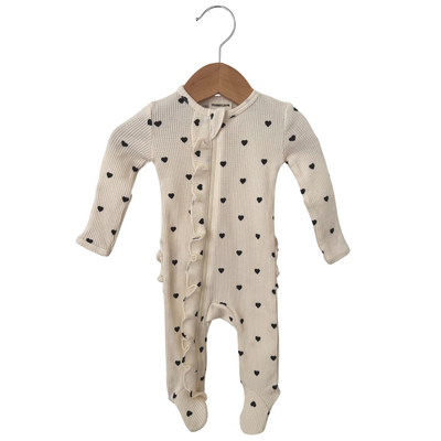 Organic Waffle Ruffle Zip Footie - Black Heart - Twinkle Twinkle Little One