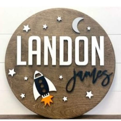 Sugar + Maple Round Personalized Name Sign | Space Ship - Twinkle Twinkle Little One