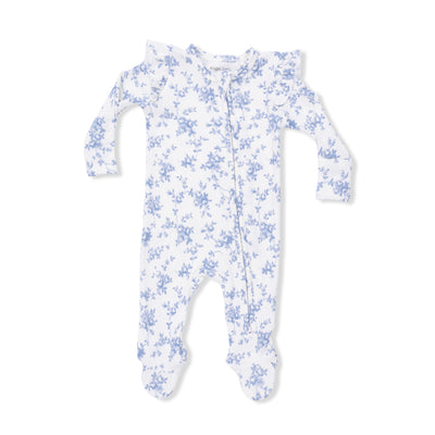 Baby Blue Vines Floral 2 Way Ruffle Back Zipper Footie