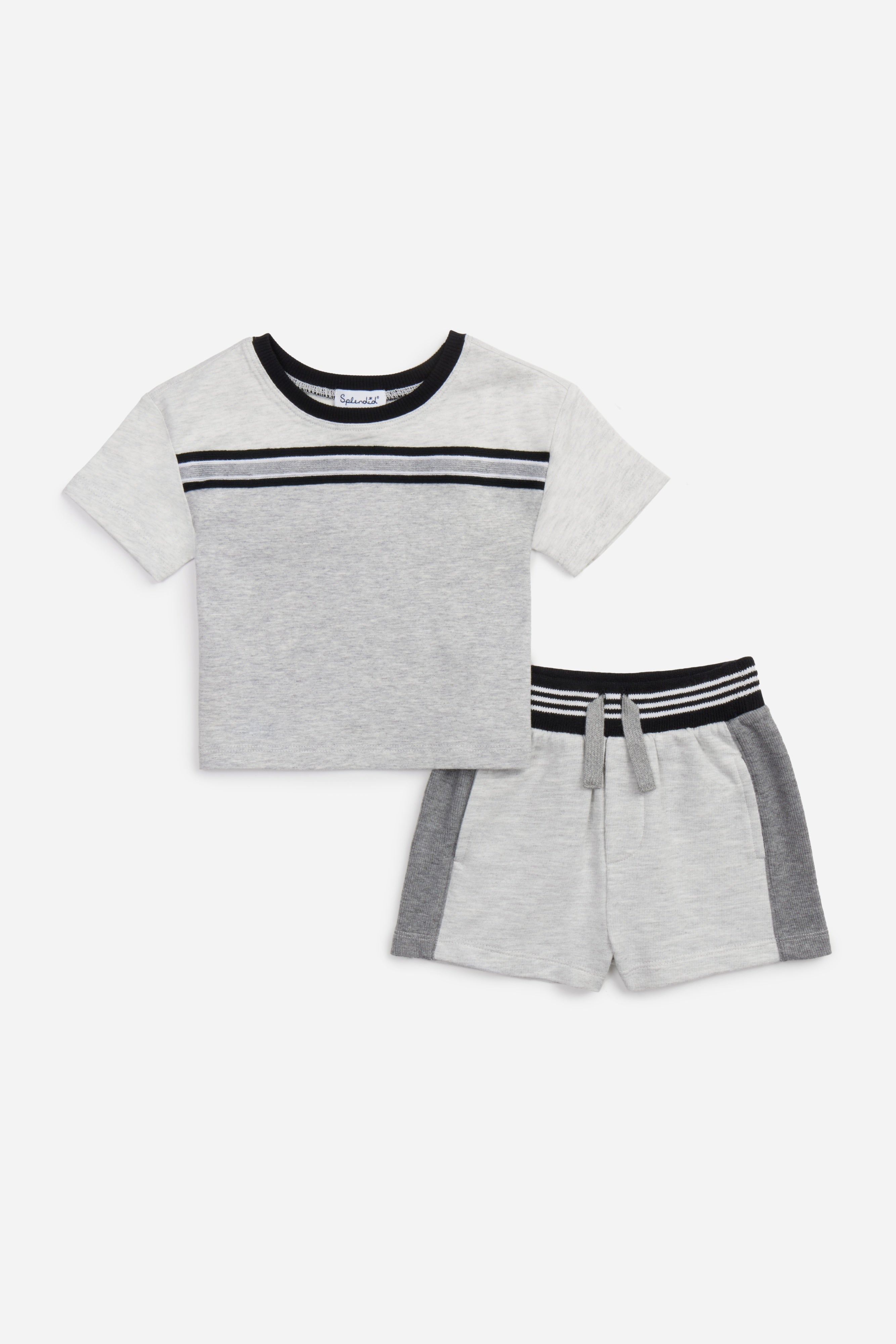 Children's gray t-shirt and shorts set with black and white stripes on a white background