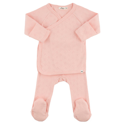 Pink baby outfit with a jacket and pants on a white background