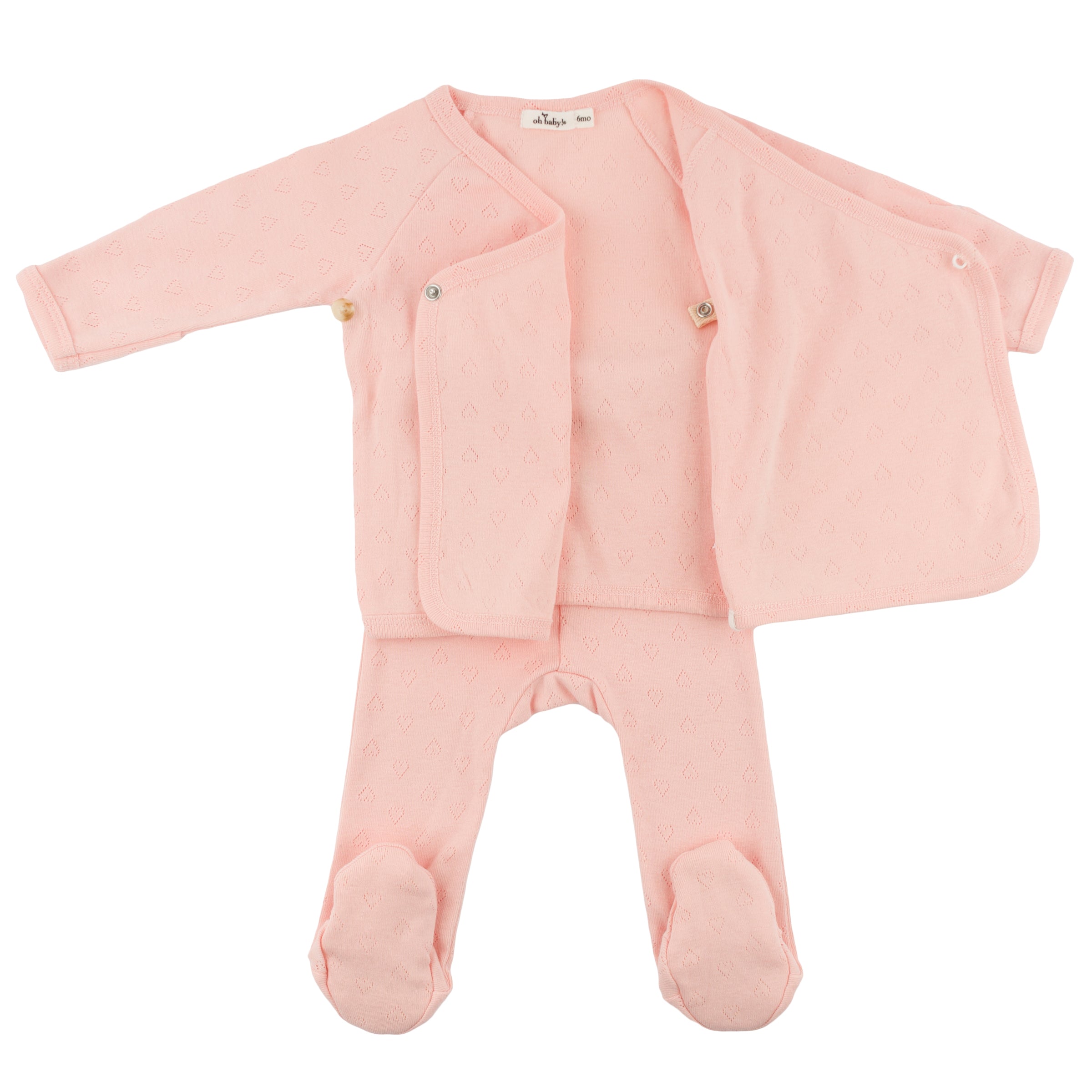 Pink baby outfit with a jacket and onesie on a white background