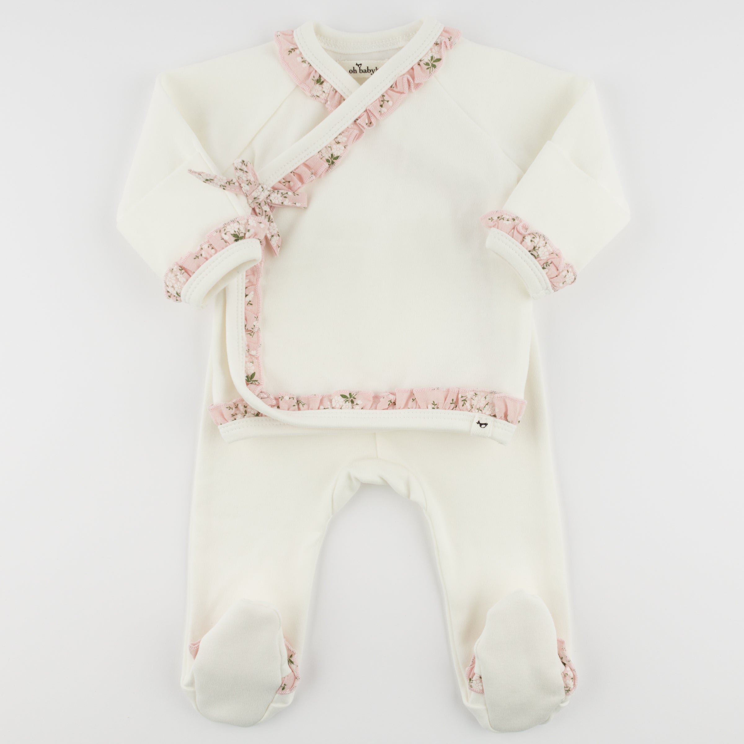 Apple Blossom Pink Ruffles Kimono Set - Oyster