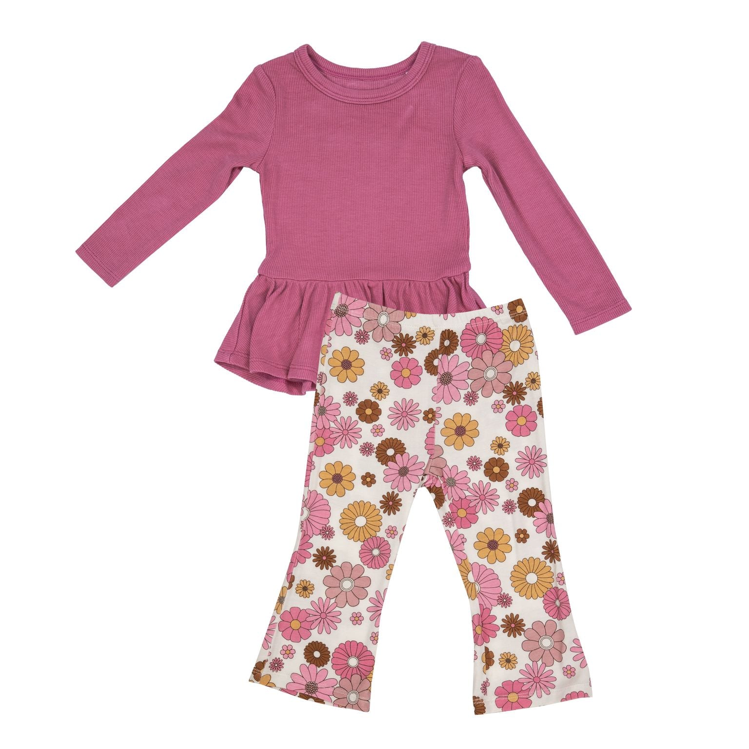 Ribbed Chateau Rose Peplum Top & Retro Floral Flare Pant - Twinkle Twinkle Little One