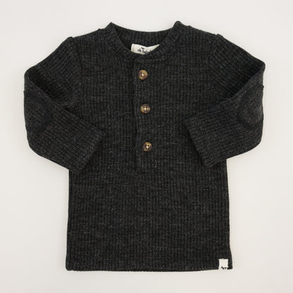 Charcoal Pepper Sweater Knit Elbow Patch Henley & Side Pocket Pants Camel Scottish Plaid Set - Twinkle Twinkle Little One