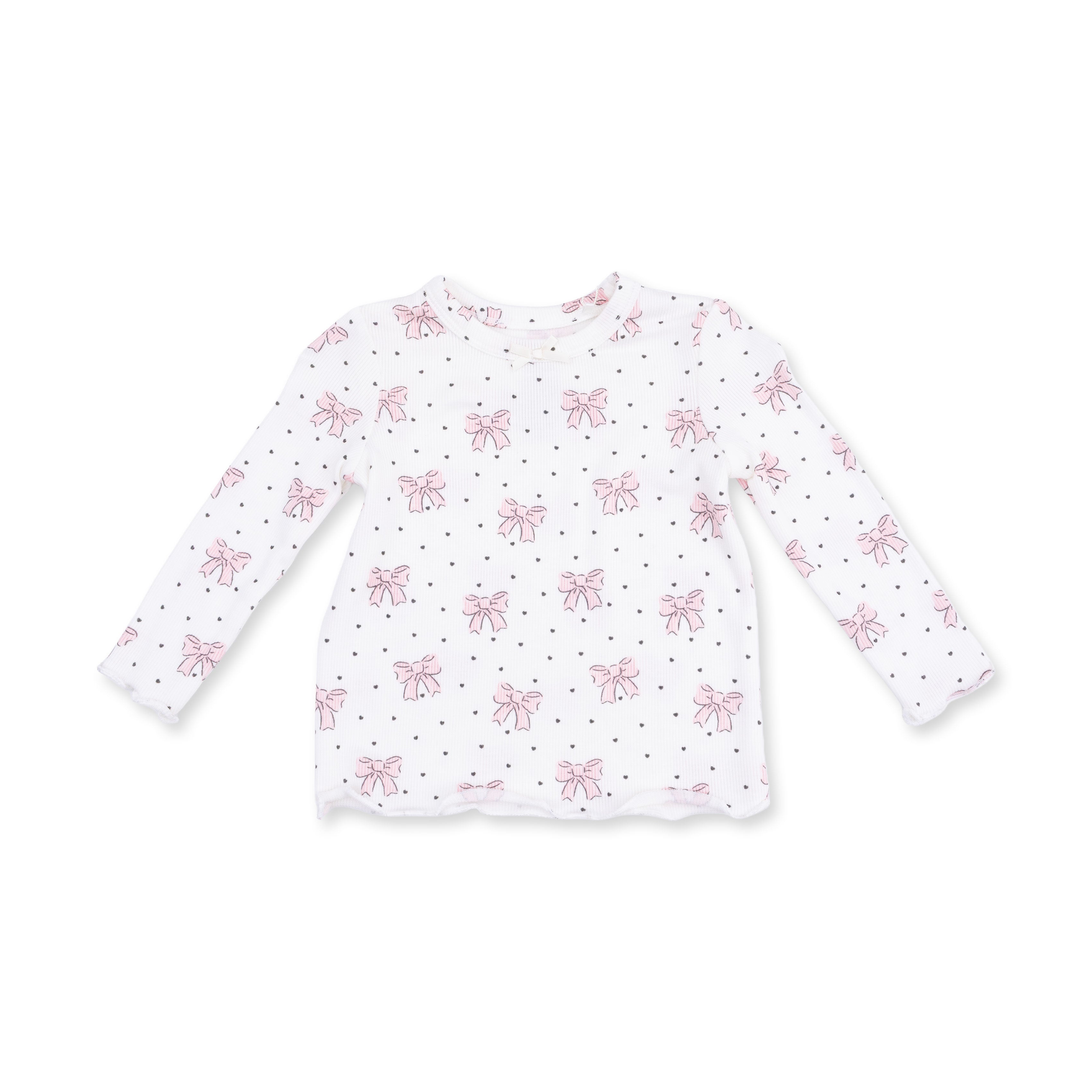 Angel Dear Solid Veiled Pink Ruffle V-Overalls & Bows and Hearts Long Sleeve Lettuce Edge Tunic Top Set