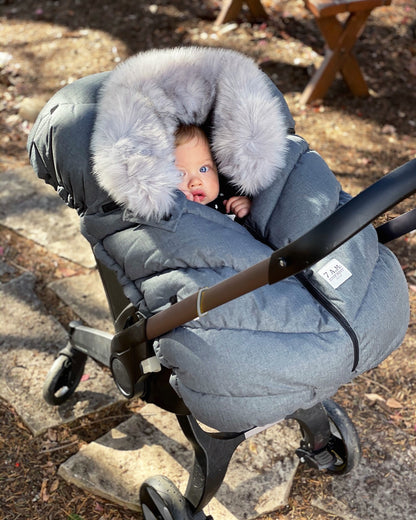 7 A.M. Enfant Car Seat Cocoon - Tundra Heather Grey Dark Faux Fur - Twinkle Twinkle Little One