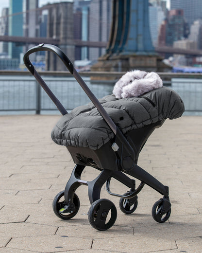 7 A.M. Enfant Car Seat Cocoon - Tundra Heather Grey Dark Faux Fur - Twinkle Twinkle Little One