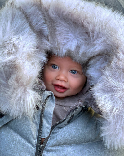 7 A.M. Enfant Car Seat Cocoon - Tundra Heather Grey Dark Faux Fur - Twinkle Twinkle Little One