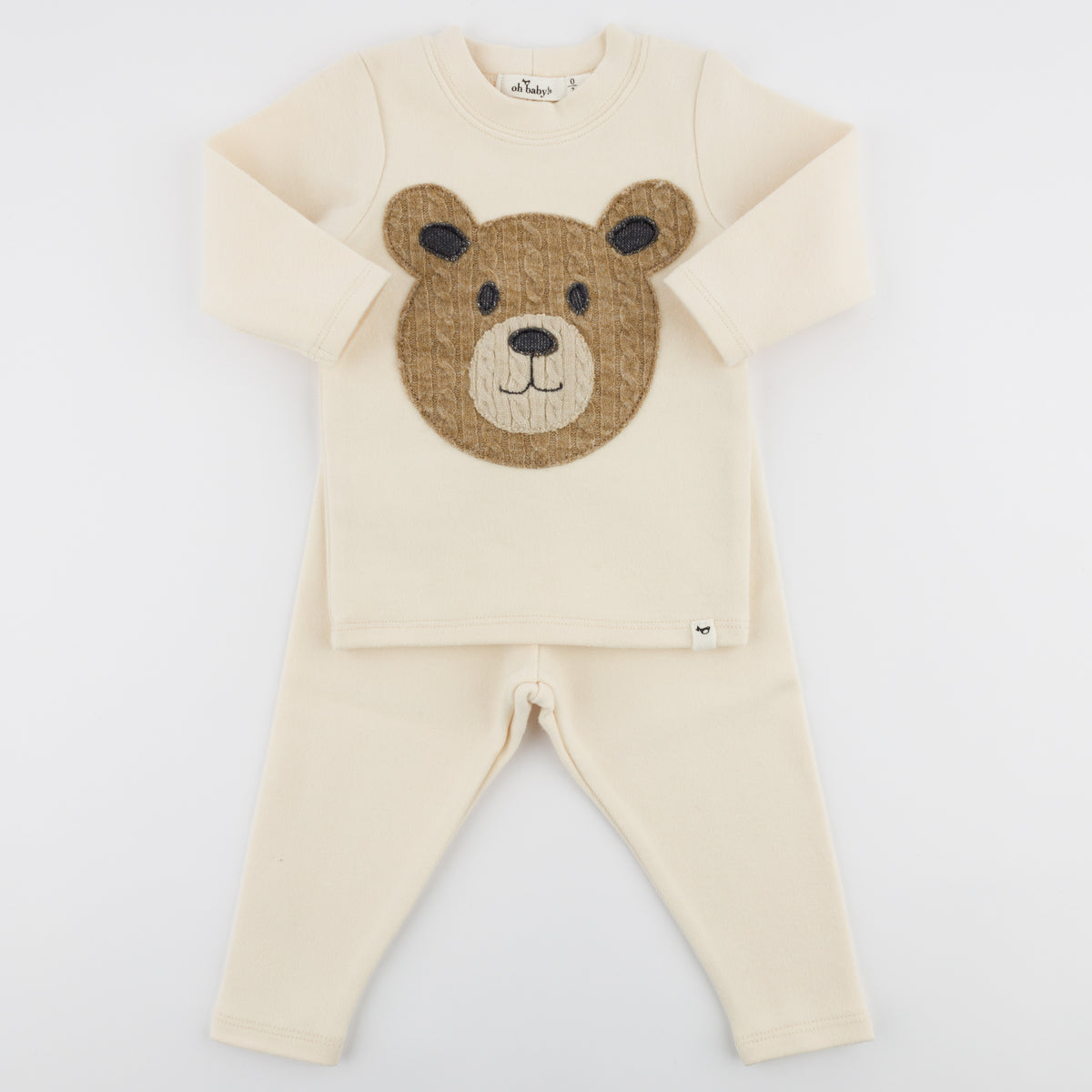 Cable Teddy Bear Face Long Sleeve 2 Piece Set - Sugar Cookie