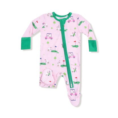 Dog Gone Golf Pink 2 Way Ruffle Back Zipper Footie - Twinkle Twinkle Little One