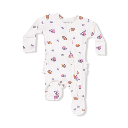Footballs and Bows 2 Way Ruffle Back Zipper Footie - Twinkle Twinkle Little One