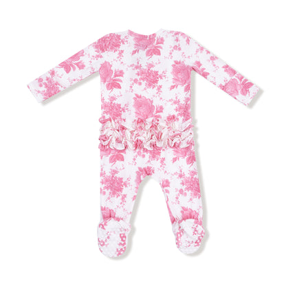 Vintage Pink Roses 2 Way Ruffle Back Zipper Footie - Twinkle Twinkle Little One