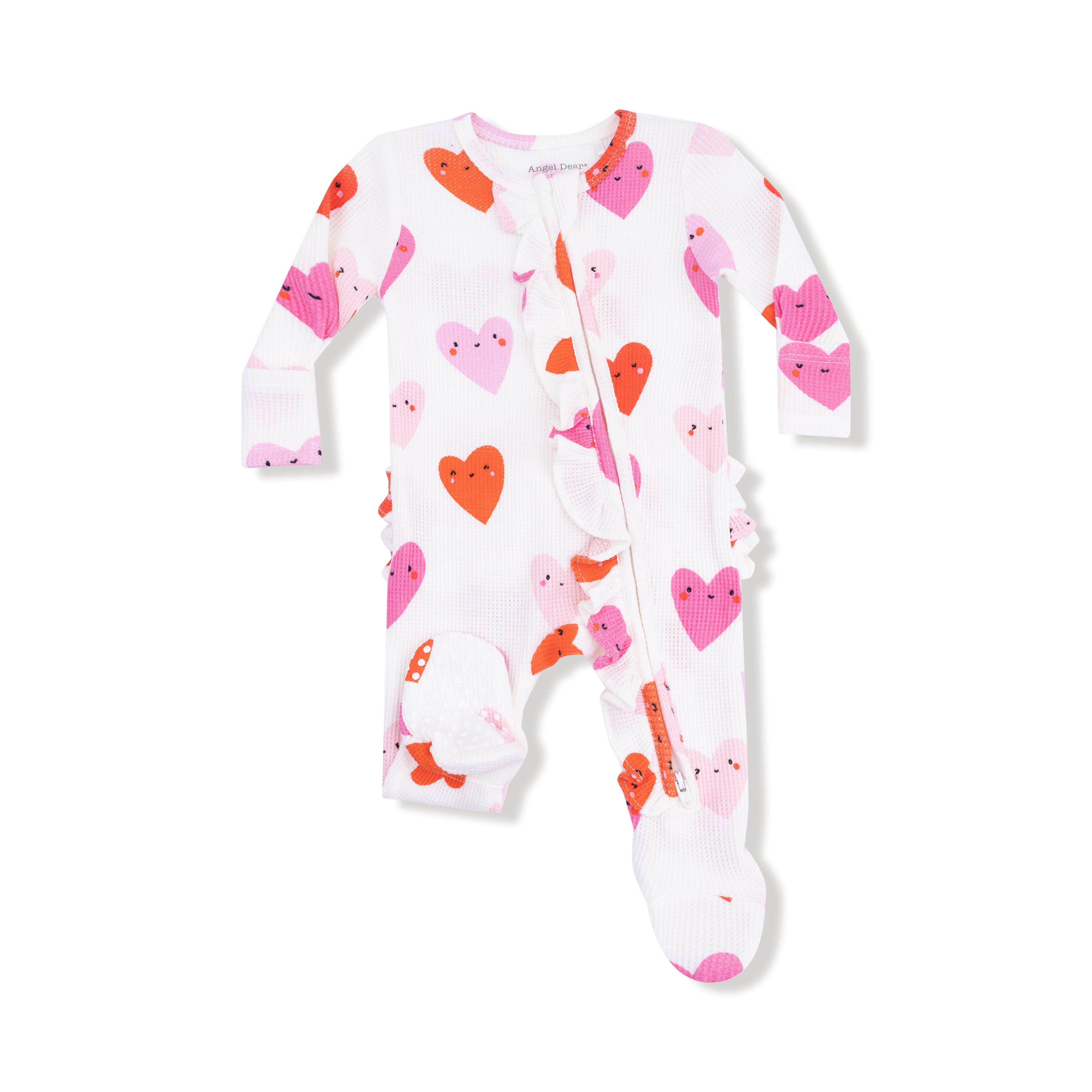 Baby onesie with colorful heart pattern on a white background