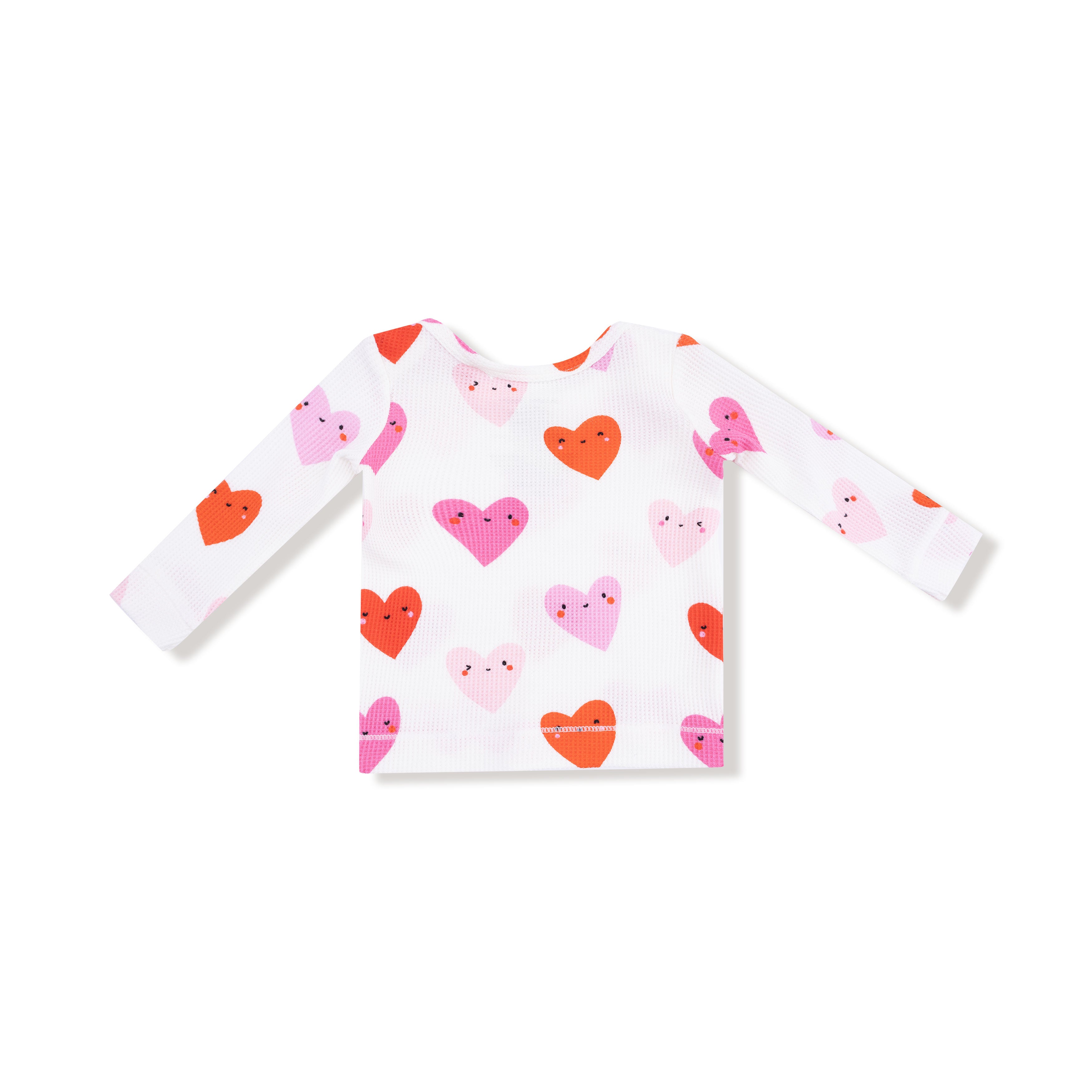 White long-sleeve shirt with colorful heart pattern on a white background