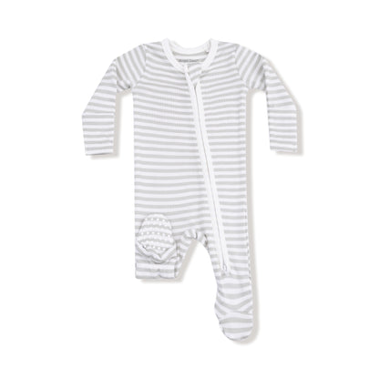 Stripe Mineral Grey & White 2 Way Zipper Footie - Twinkle Twinkle Little One