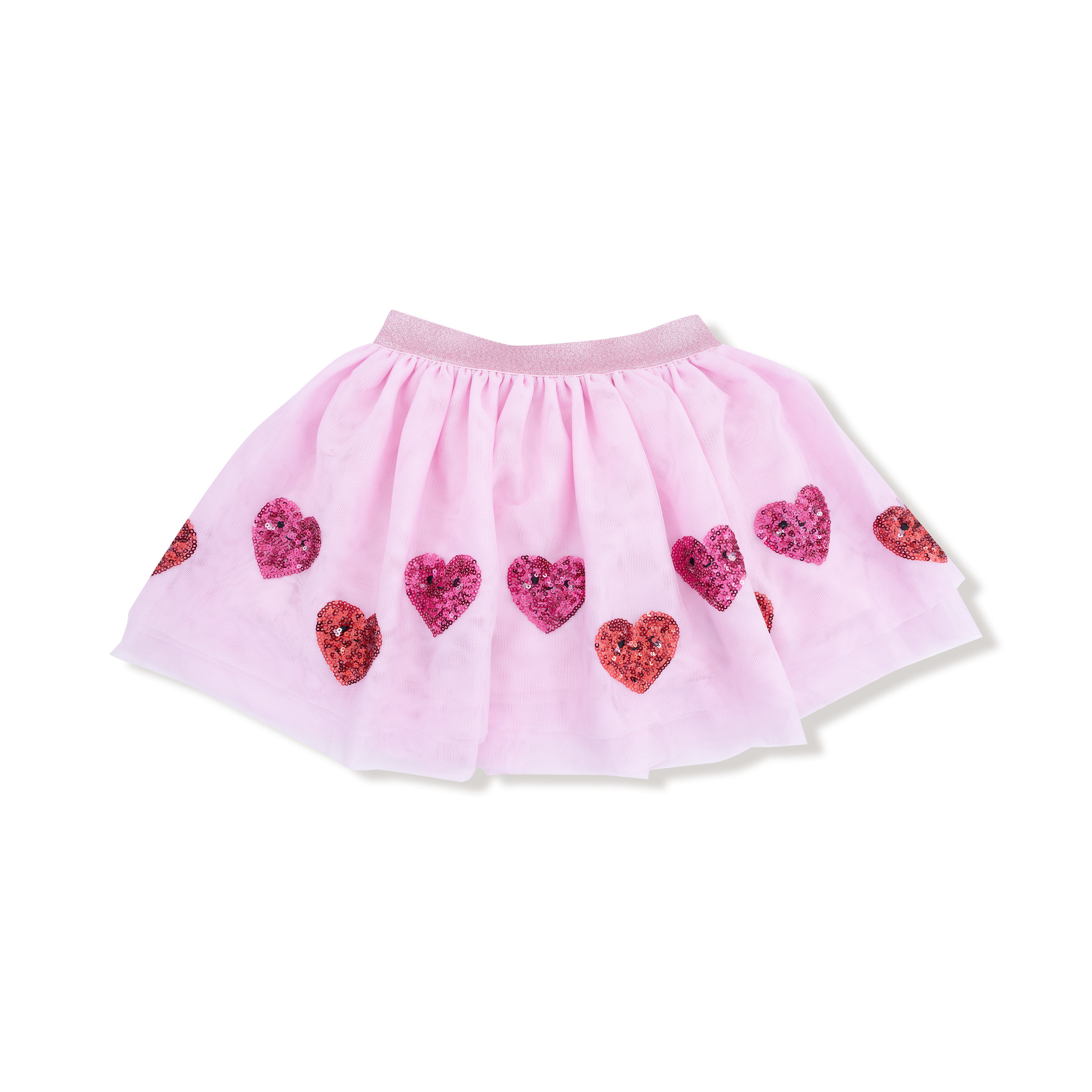 Pink skirt with heart-shaped sequins on a white background