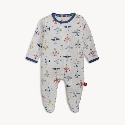 Baby onesie with airplane pattern on a white background