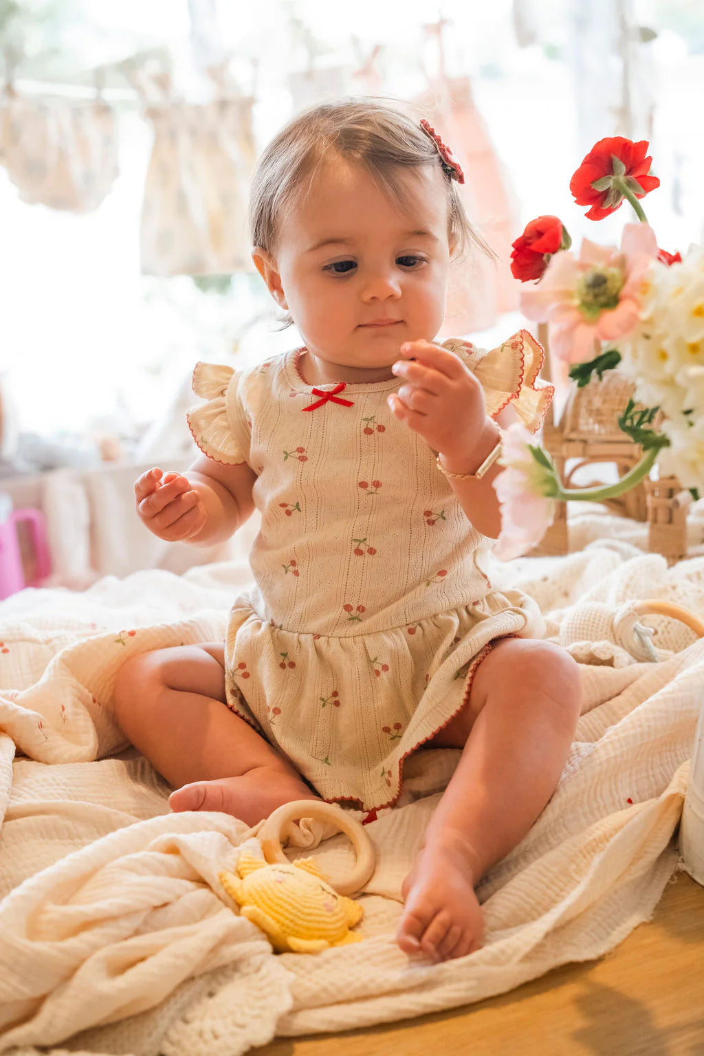 Pointelle Skirt Onesie in Cherries