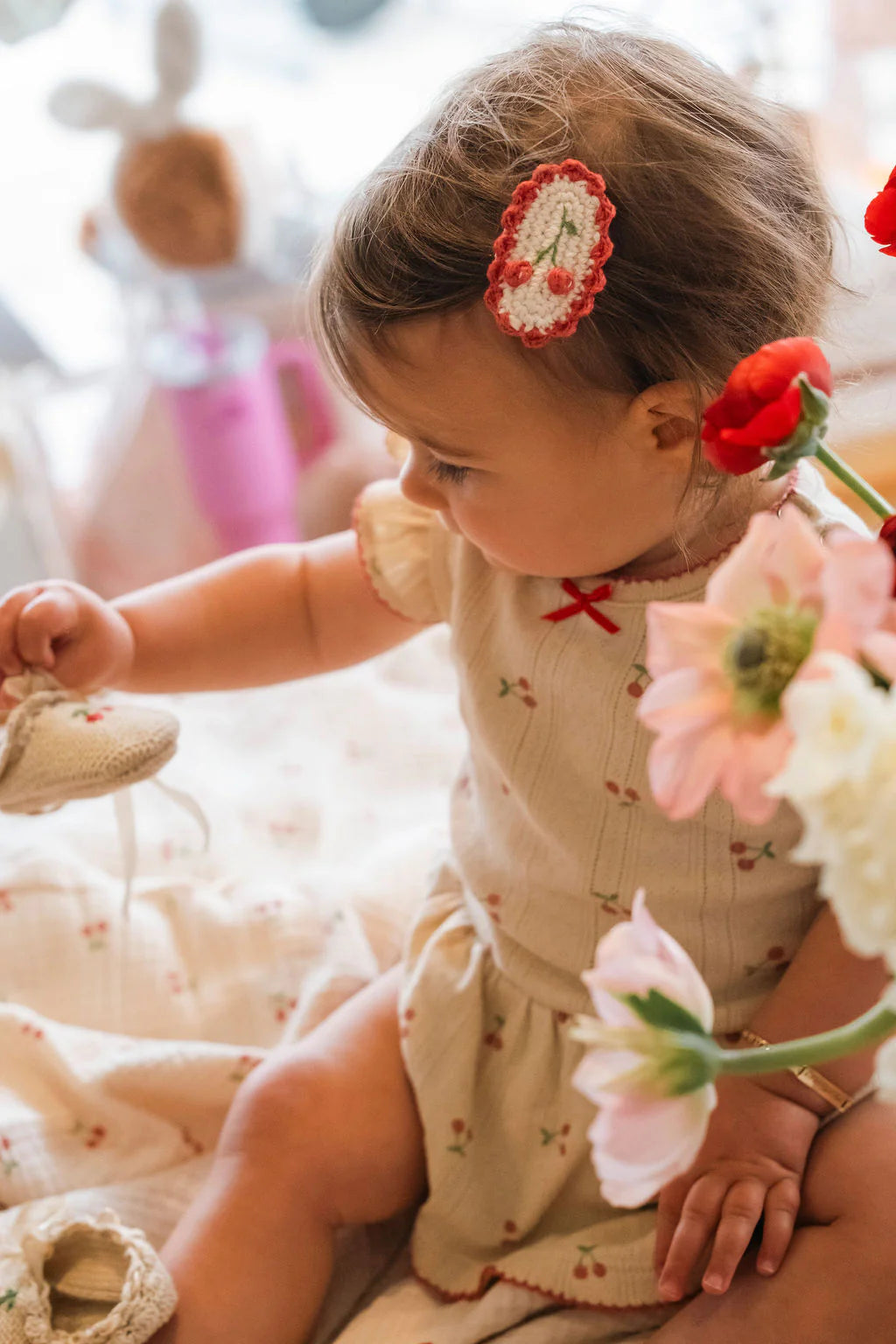 Pointelle Skirt Onesie in Cherries