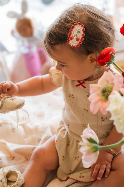 Pointelle Skirt Onesie in Cherries