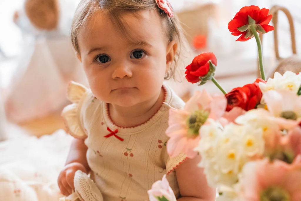 Pointelle Skirt Onesie in Cherries