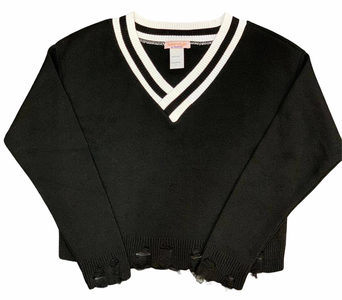 Distressed V-Neck Sweater - Black - Twinkle Twinkle Little One