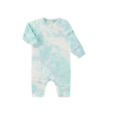 Blue Green French Terry Slub Marble Tie Dye Henley Romper - Twinkle Twinkle Little One