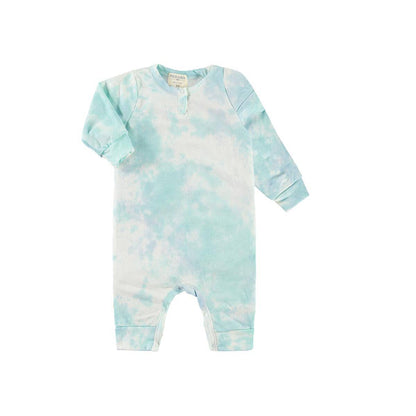 Blue Green French Terry Slub Marble Tie Dye Henley Romper - Twinkle Twinkle Little One