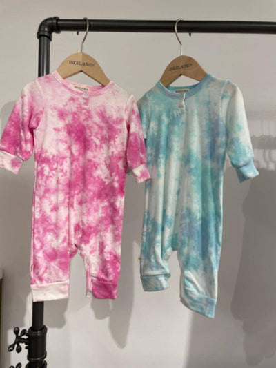 Blue Green French Terry Slub Marble Tie Dye Henley Romper - Twinkle Twinkle Little One