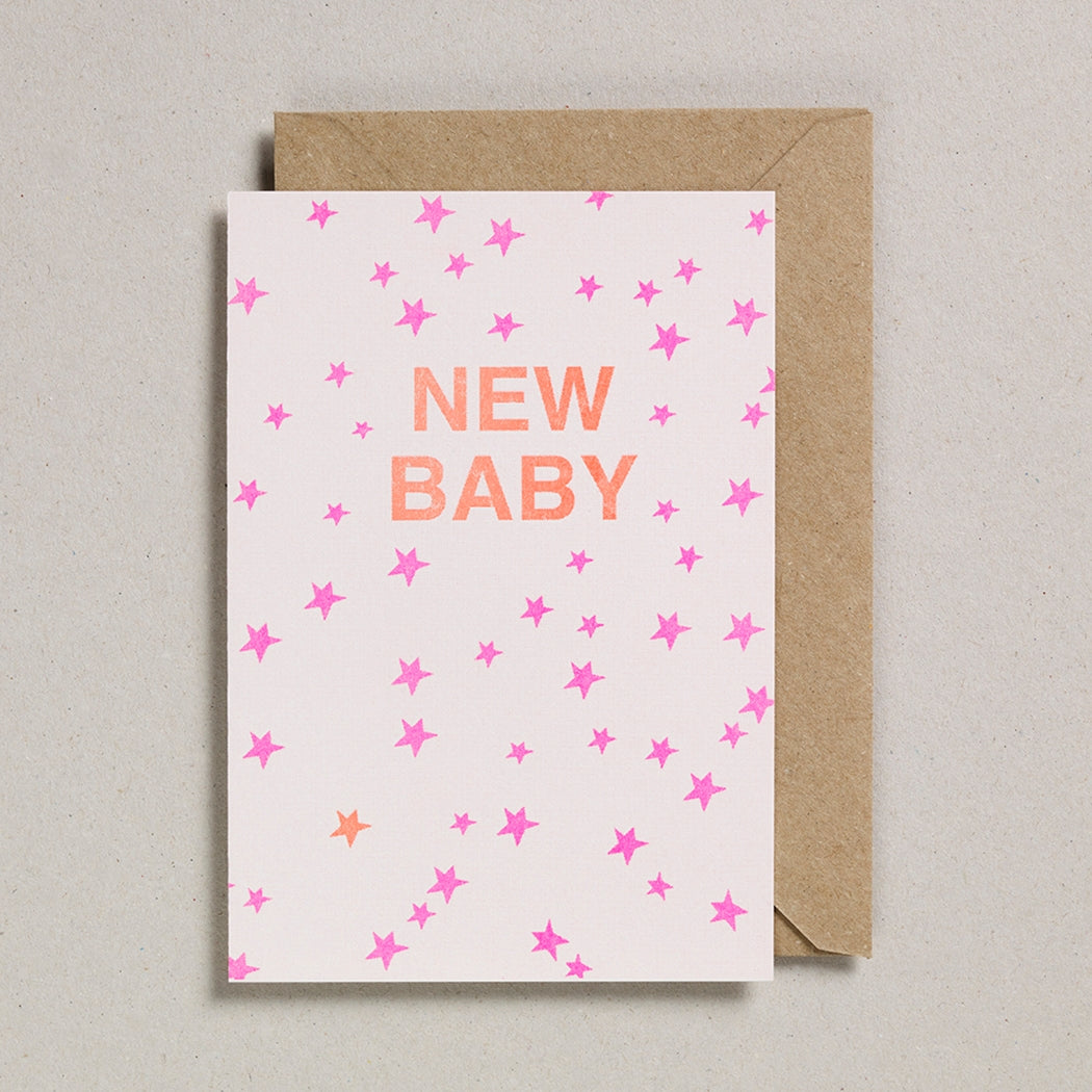 Orange & Neon Pink Star New Baby Card - Twinkle Twinkle Little One