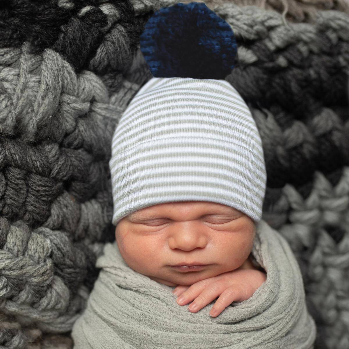 Navy Pom Newborn Grey & White Stripe Hospital Hat - Twinkle Twinkle Little One
