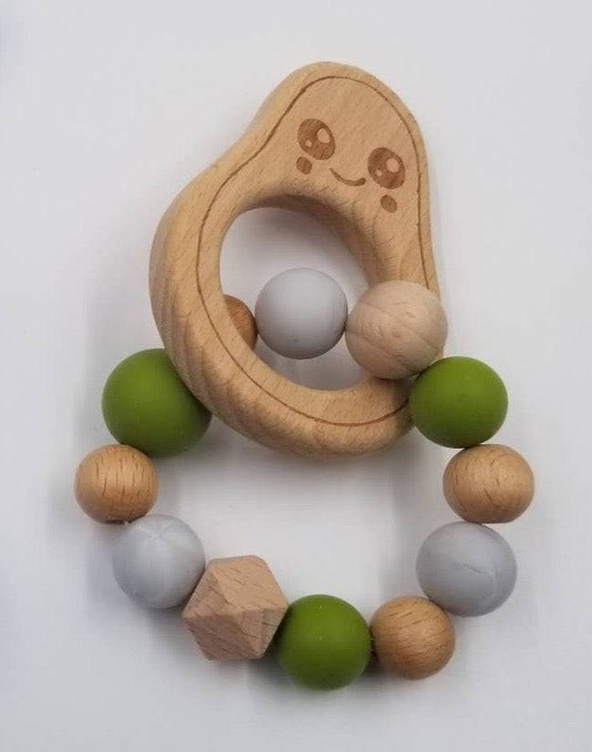Avocado Teething Ring Rattle Silicone & Wooden Toy - Twinkle Twinkle Little One