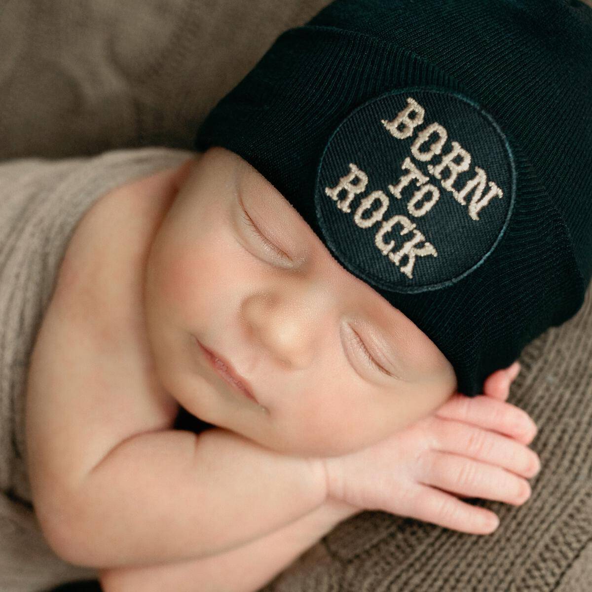 Black Newborn Born to Rock Patch Hospital Hat - Twinkle Twinkle Little One