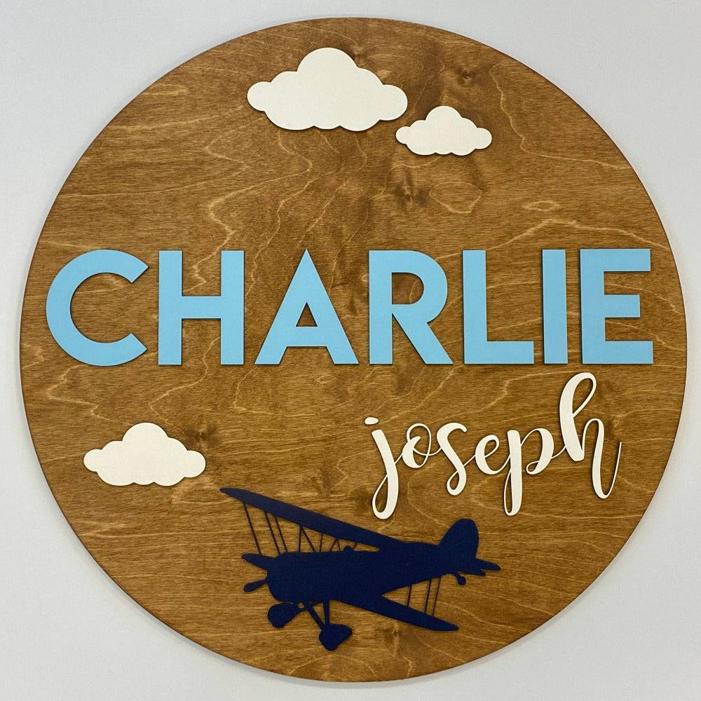 Round Personalized Wood Name Sign | Airplane - Twinkle Twinkle Little One