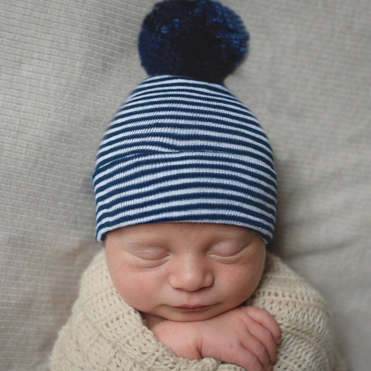 Navy Pom Newborn Navy & White Stripe Hospital Hat - Twinkle Twinkle Little One