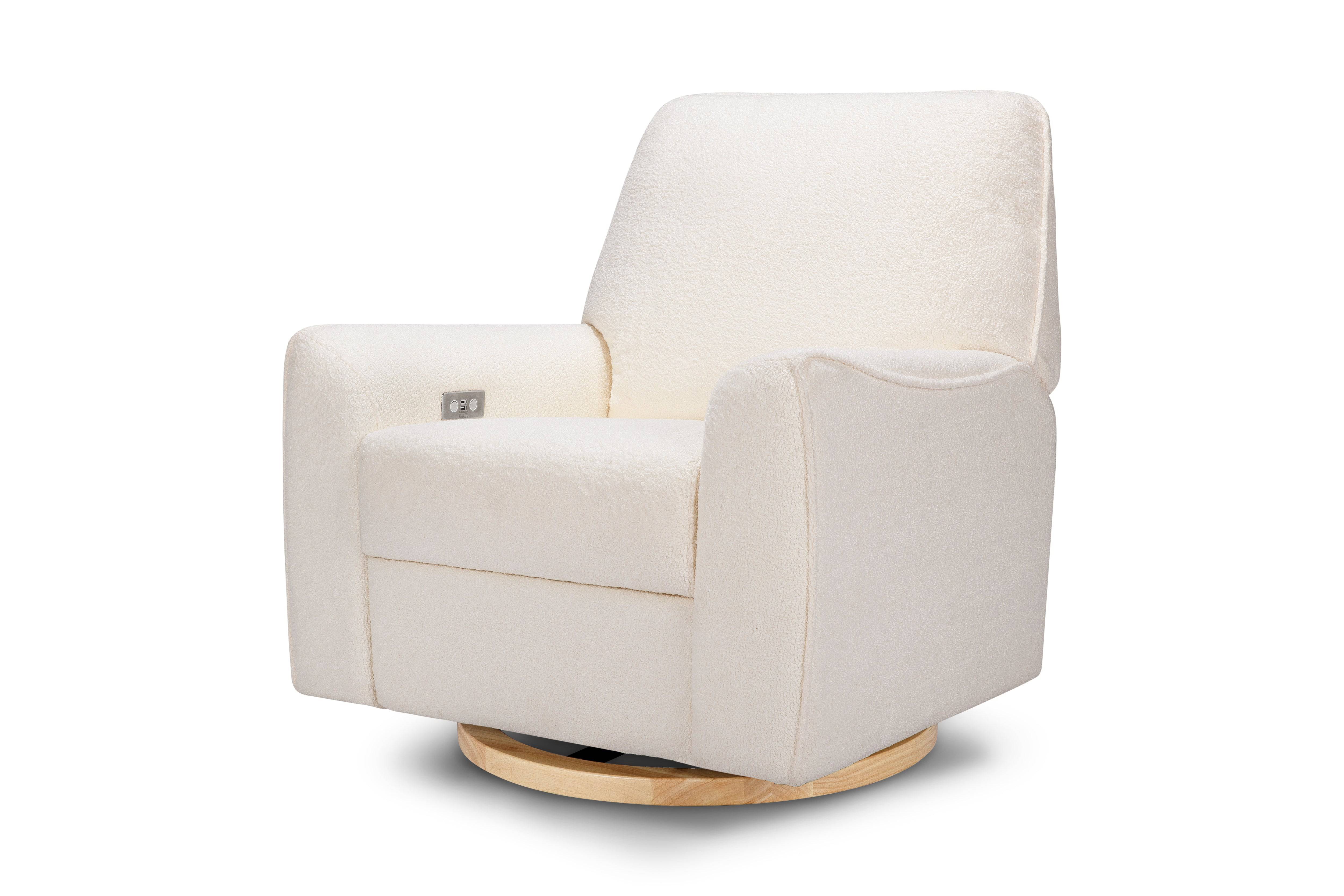 Sunday Power Recliner and Swivel Glider in Chantilly Sherpa with Light Wood Base - Twinkle Twinkle Little One