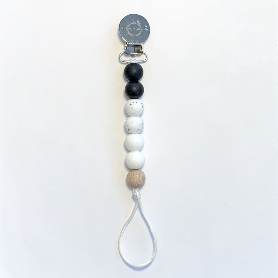 Pacifier + Teether Clip- Silicone with 1 Beechwood Bead - Black, Granite & White - Twinkle Twinkle Little One