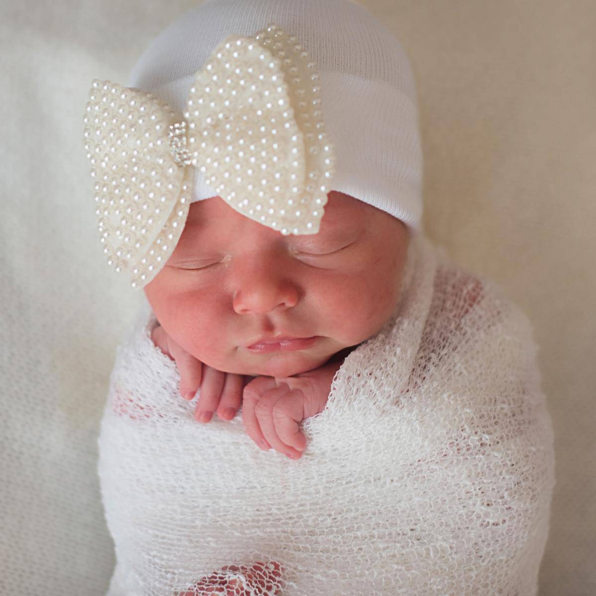 White Newborn Pearl Rhinestone Hospital Hat - Twinkle Twinkle Little One