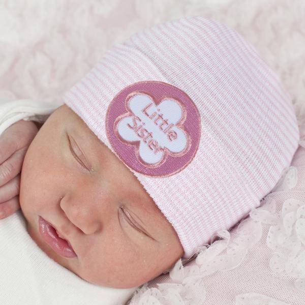 Pink and White Stripe Newborn Little Sister Patch Hospital Hat - Twinkle Twinkle Little One