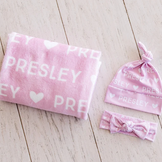 Sugar + Maple Plush Minky Fleece Personalized Blanket | Heart Icon Repeating Name - Twinkle Twinkle Little One