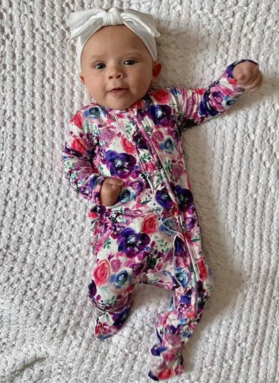 Flower Power Zipper Ruffle Footie - Twinkle Twinkle Little One